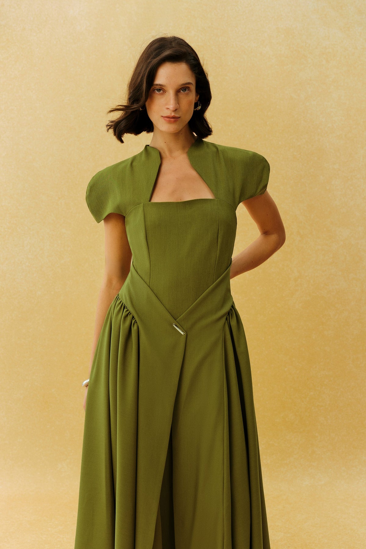 Green Metal Accent Cap-Sleeve Notched Square-Neck Formal Maxi Dress