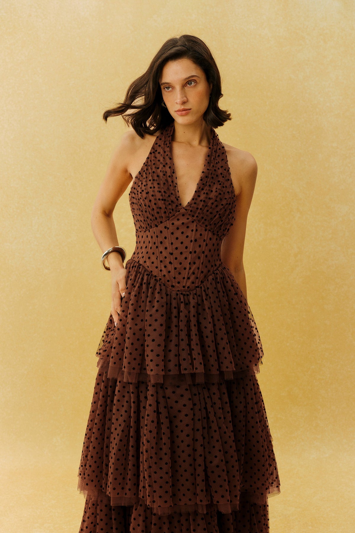 Brown Polka Dot Tulle Tiered Ruffle Halter Deep V-Neck Maxi Dress
