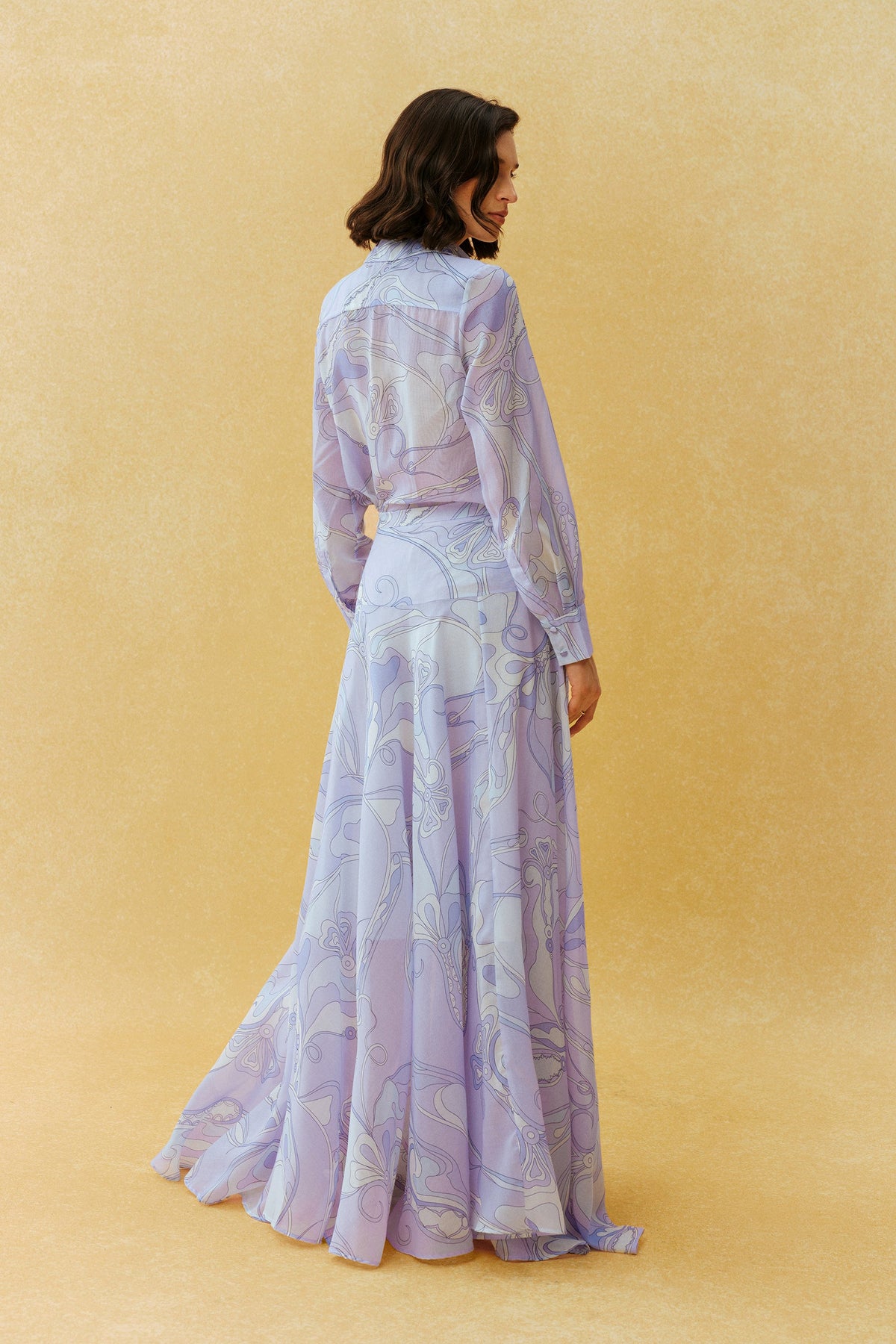 Purple Abstract Print Woven Pointed Collar Long-Sleeve Shirt & Maxi Skirt Set