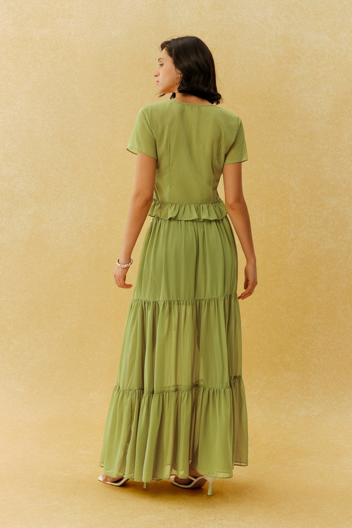 Green Chiffon Lace Short Flutter-Sleeve Tiered Cropped Top & Maxi Skirt Set