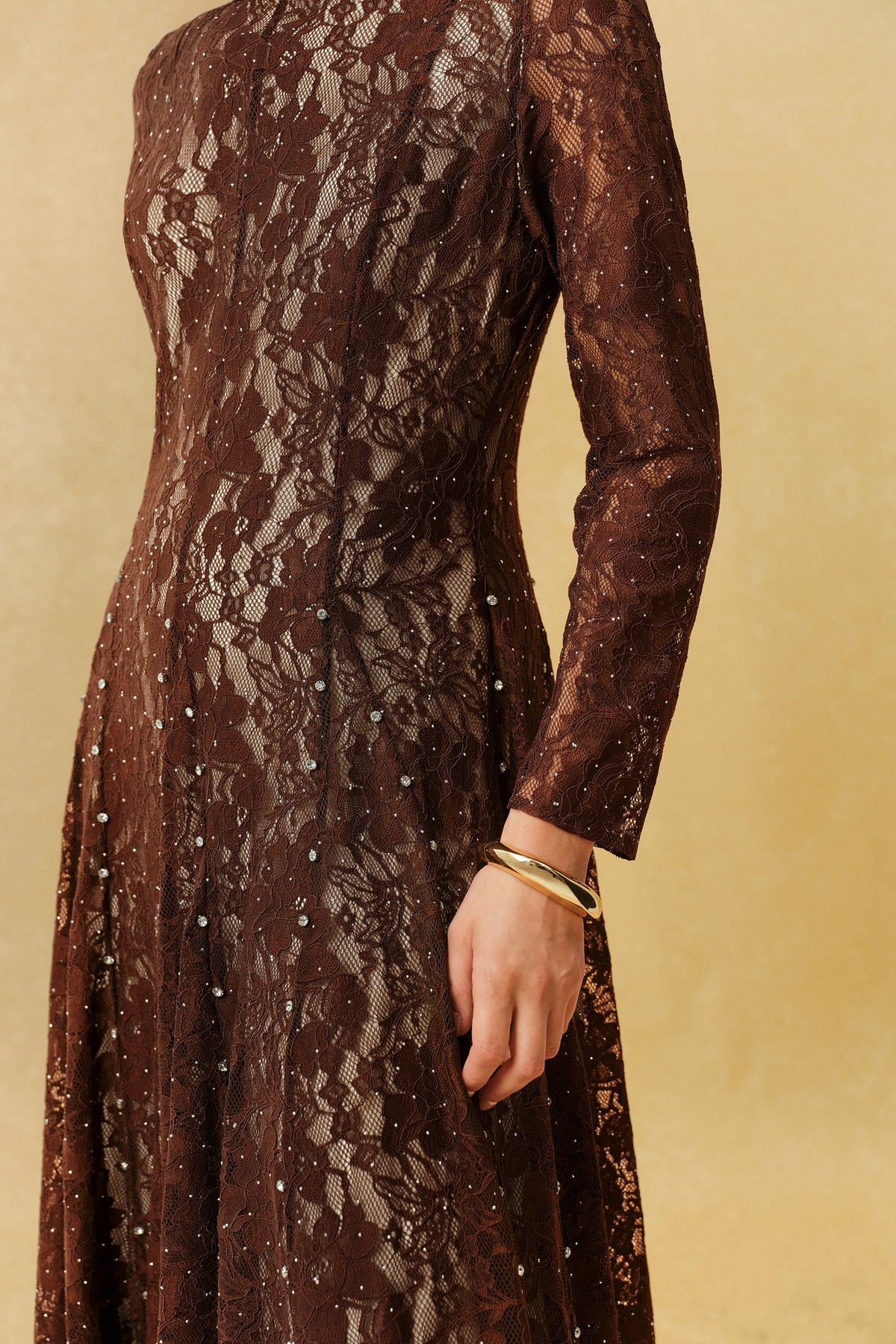 Brown Floral Lace Rhinestone Long-Sleeve Formal Maxi Dress