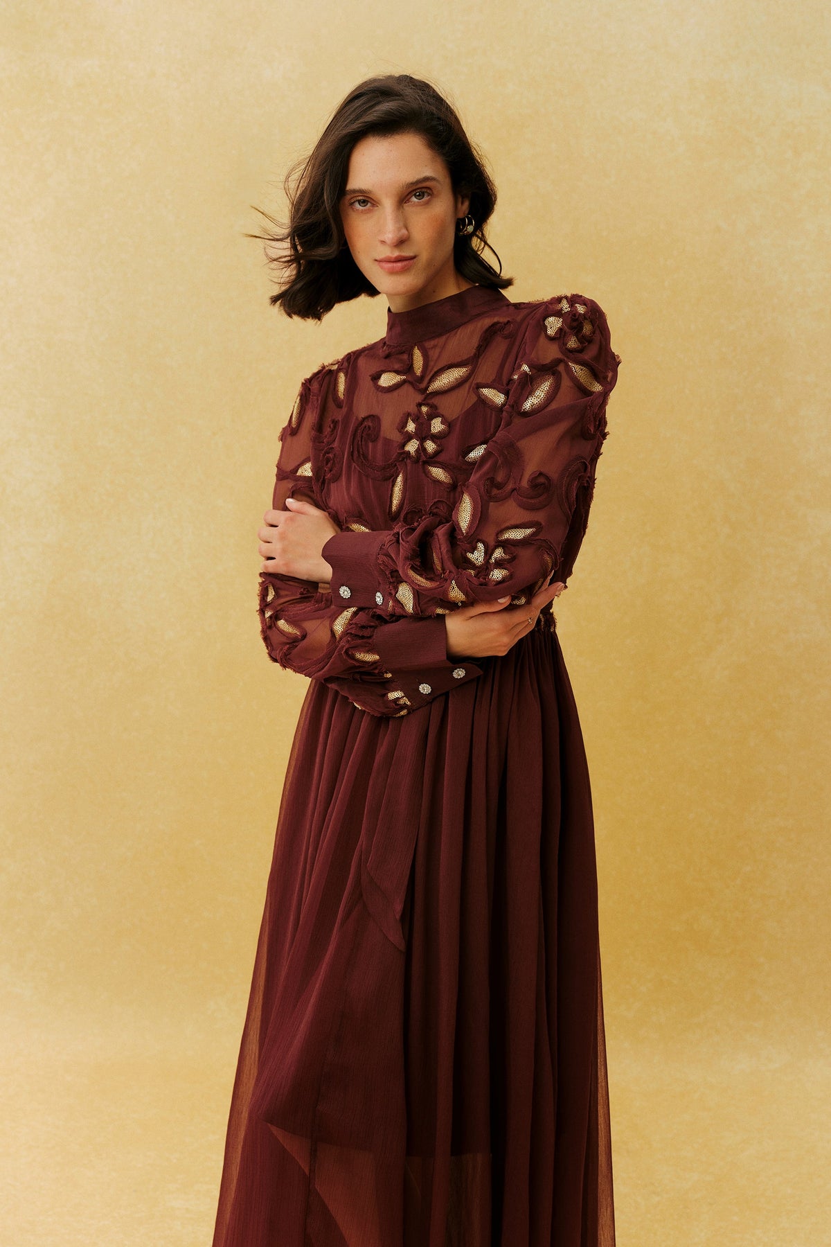 Burgundy Gold Floral Embroidered Appliqué Belted Long-Sleeve High-Neck Maxi Dress