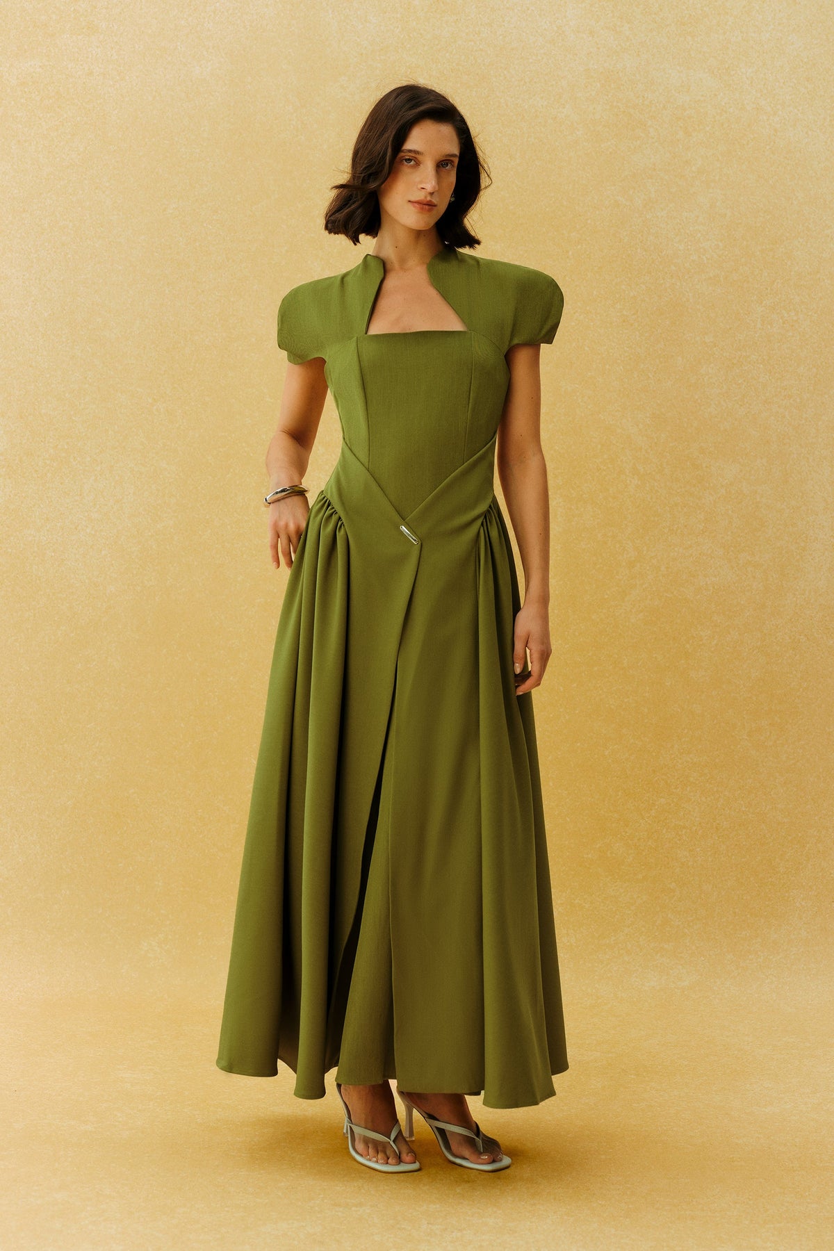Green Metal Accent Cap-Sleeve Notched Square-Neck Formal Maxi Dress