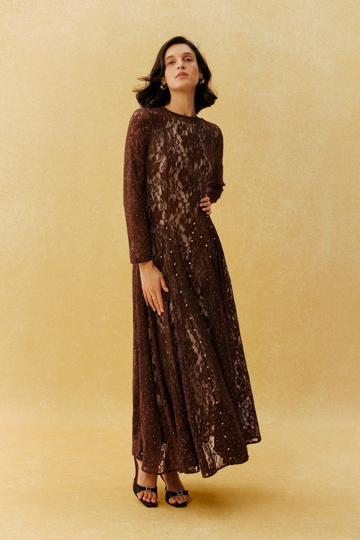 Brown Floral Lace Rhinestone Long-Sleeve Formal Maxi Dress