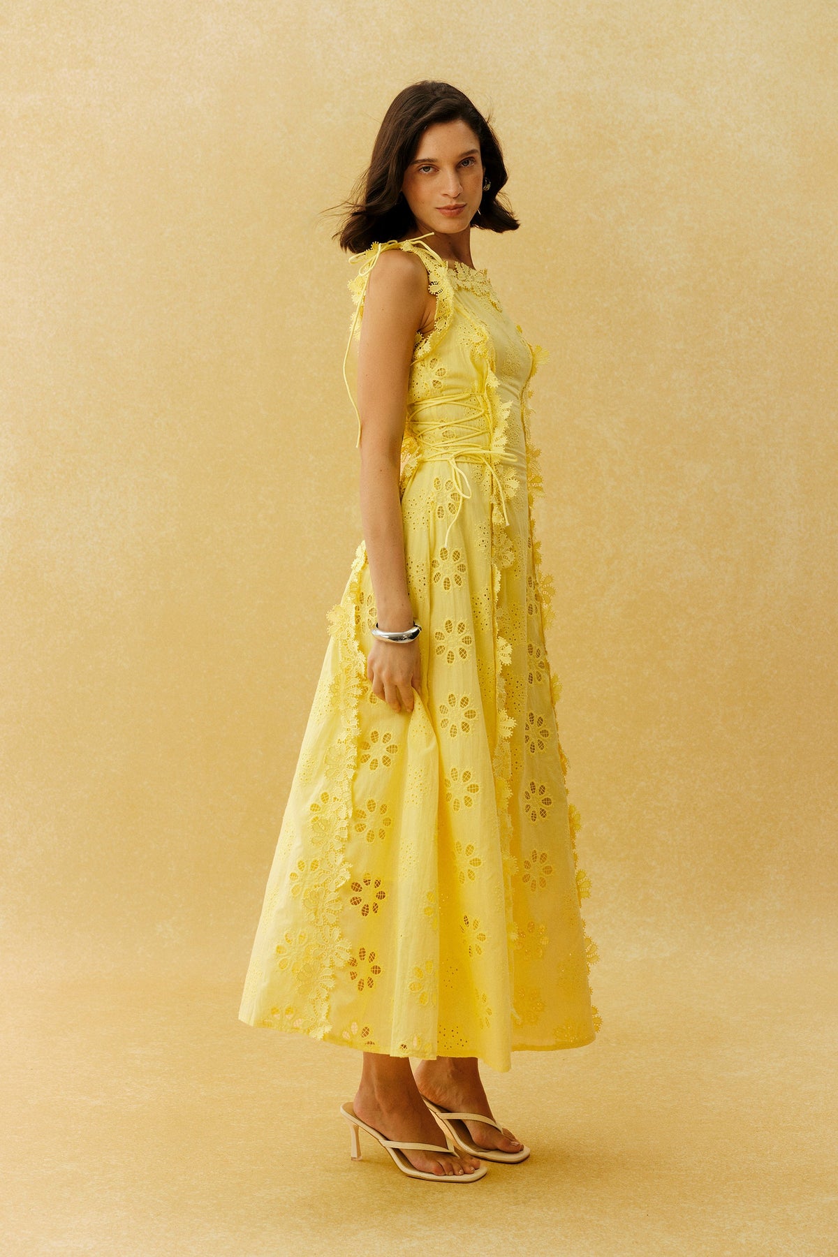 Yellow Eyelet Embroidery 3D Floral Appliqué Tie-Strap Beach Maxi Dress