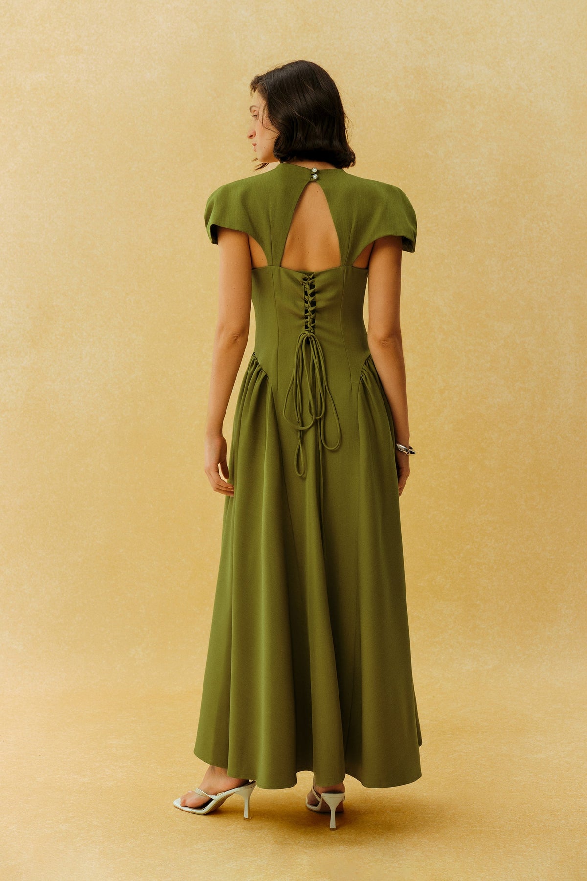 Green Metal Accent Cap-Sleeve Notched Square-Neck Formal Maxi Dress