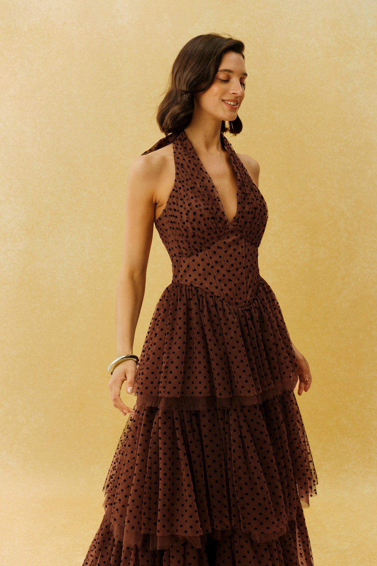 Brown Polka Dot Tulle Tiered Ruffle Halter Deep V-Neck Maxi Dress