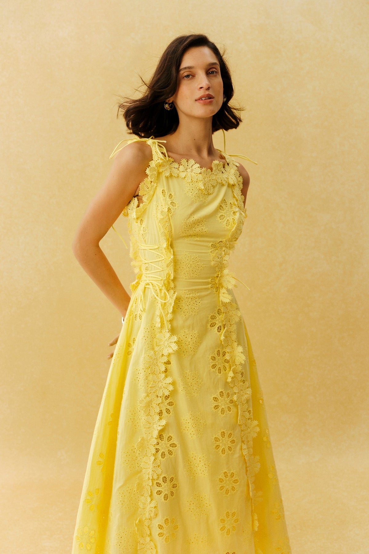 Yellow Eyelet Embroidery 3D Floral Appliqué Tie-Strap Beach Maxi Dress