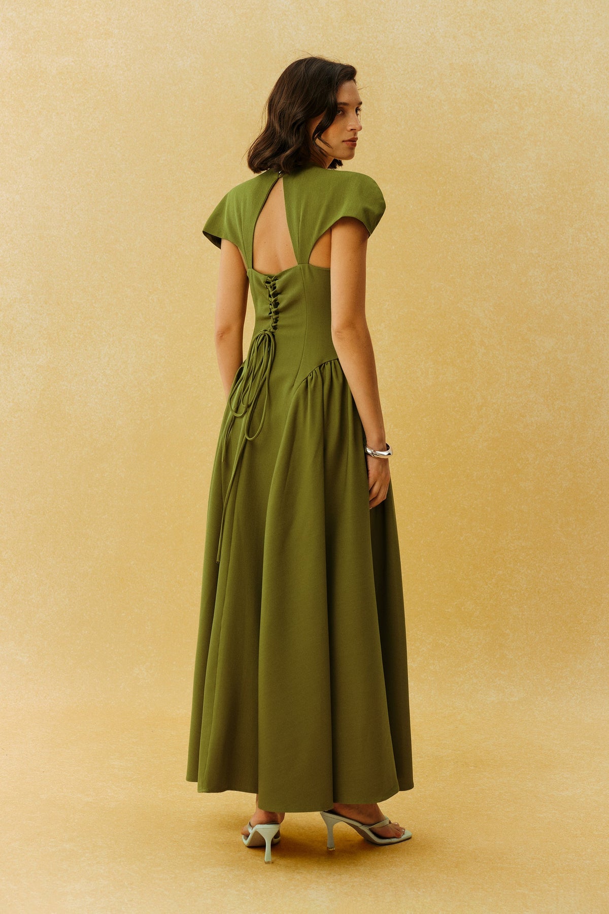Green Metal Accent Cap-Sleeve Notched Square-Neck Formal Maxi Dress