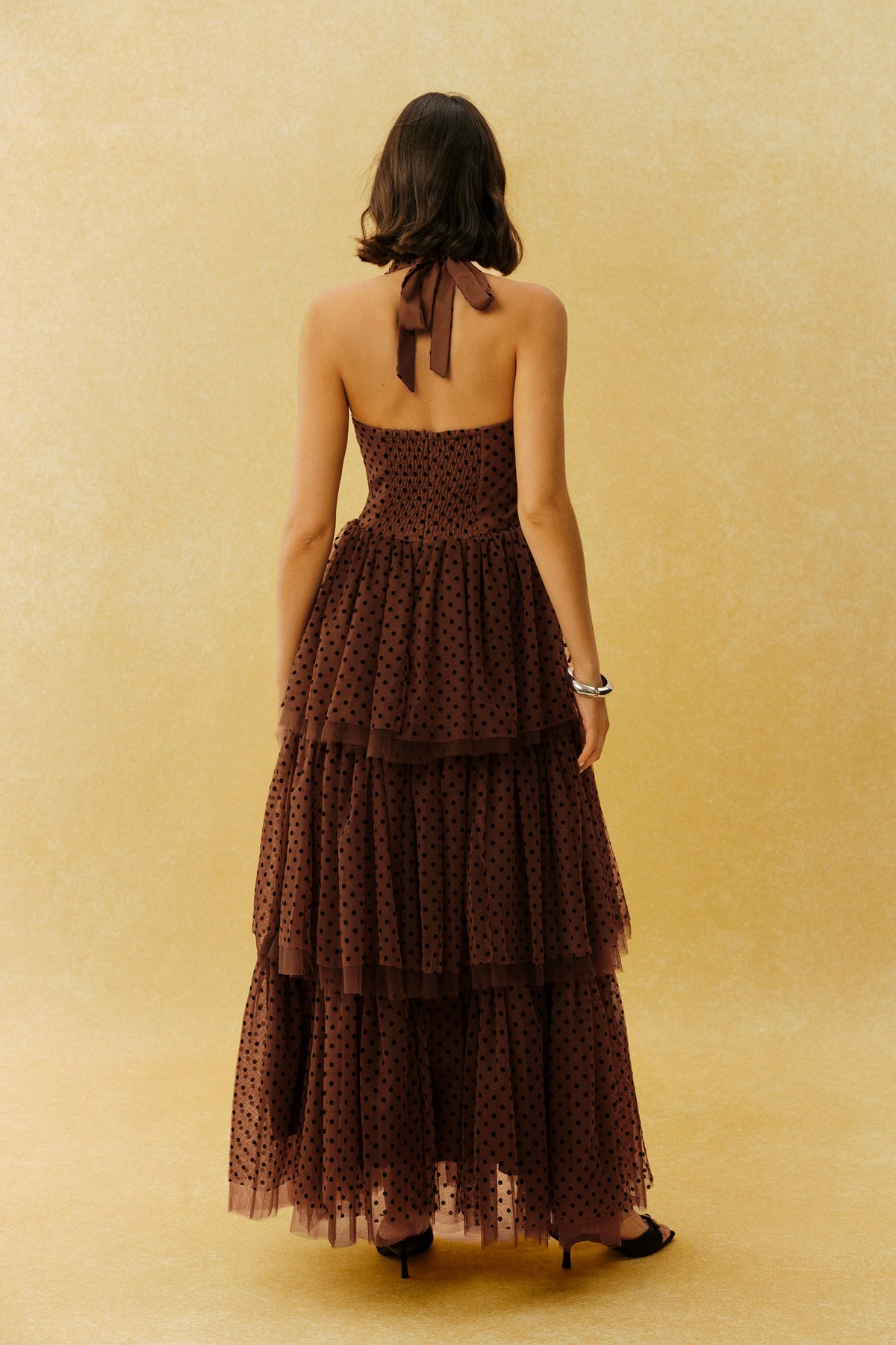 Brown Polka Dot Tulle Tiered Ruffle Halter Deep V-Neck Maxi Dress