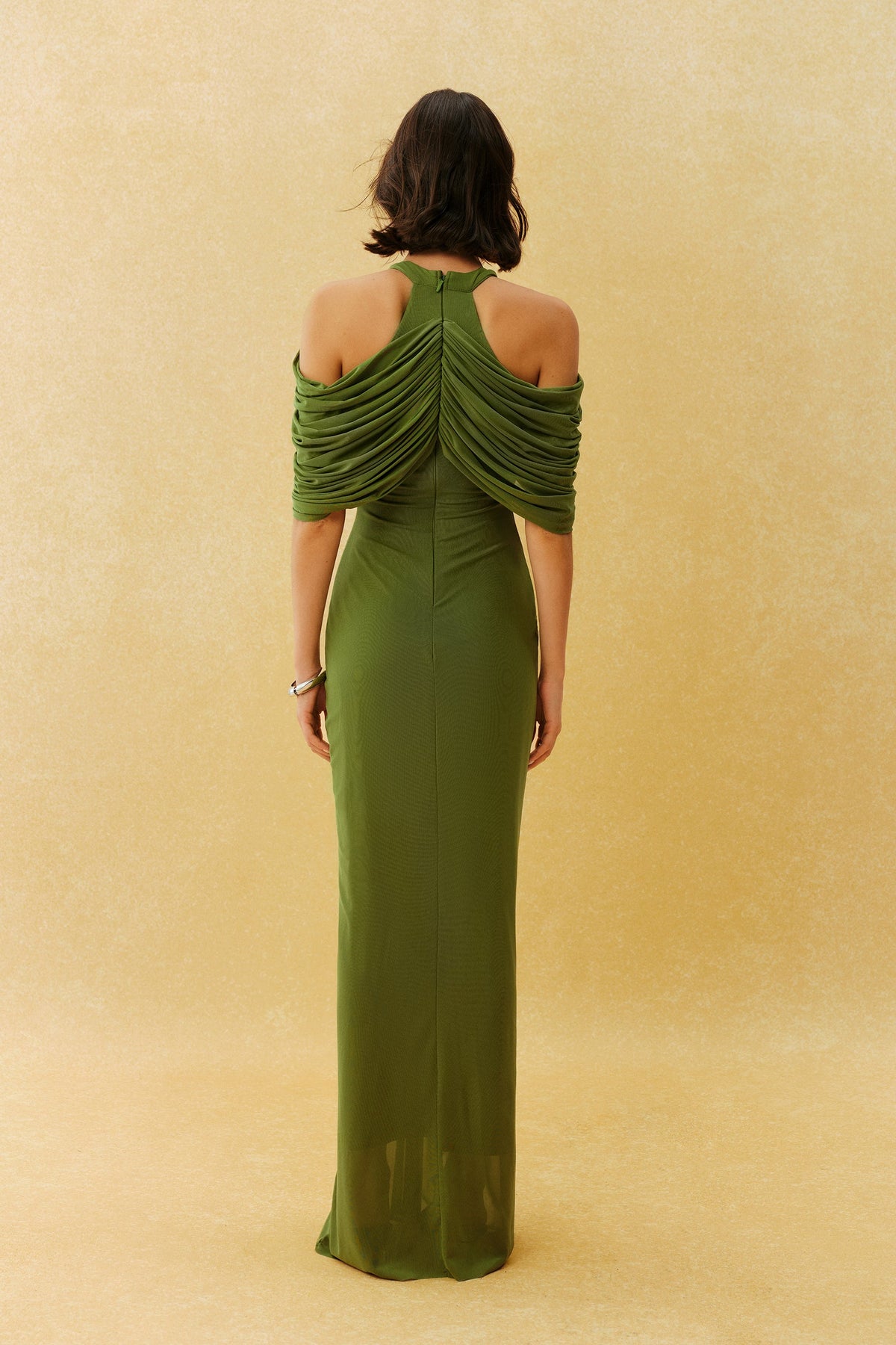 Green Draped V-Neck Ruched Cape Off-Shoulder Sleeves Formal Maxi Dress