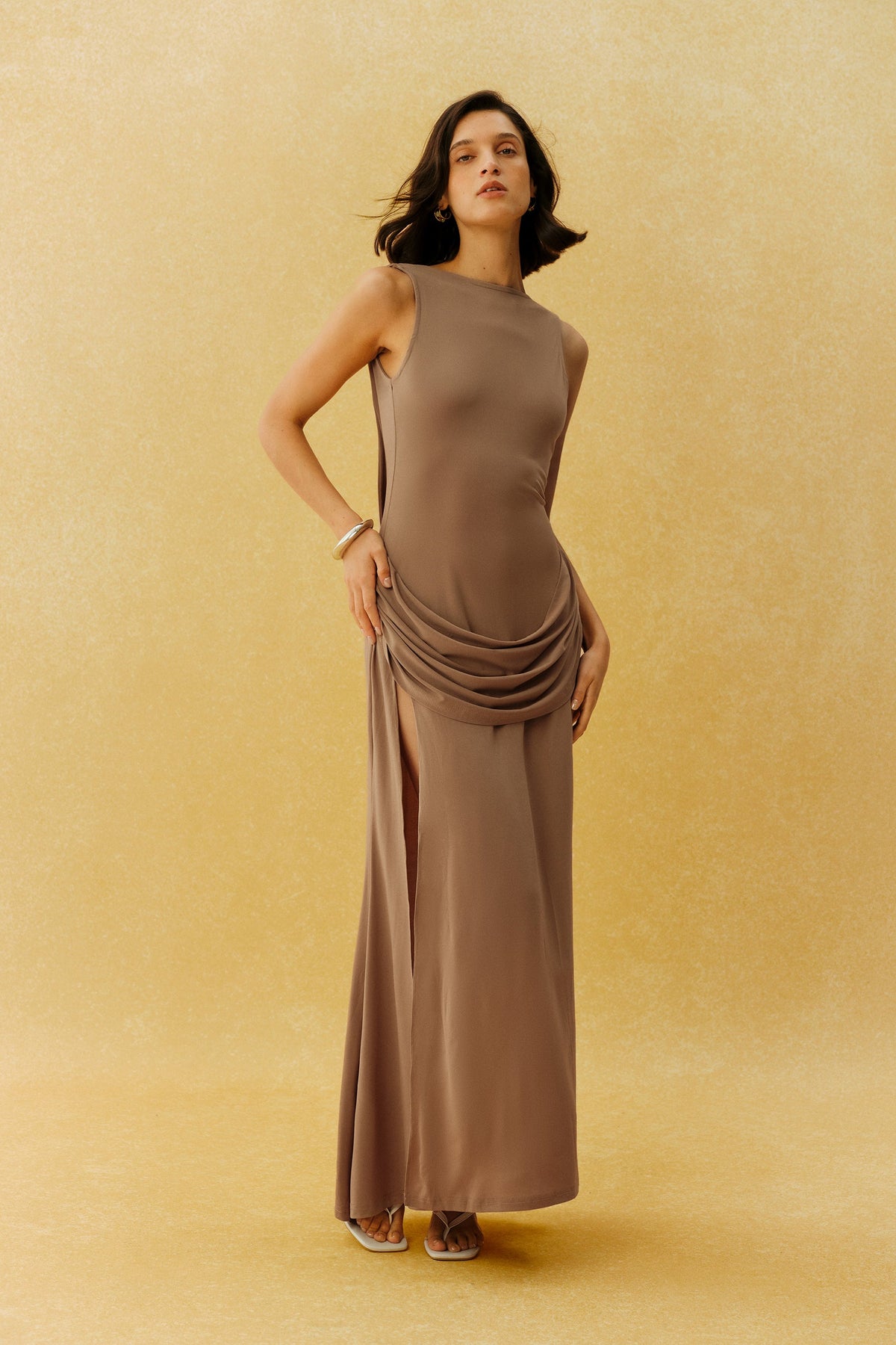 Taupe Brown High Slit Sleeveless Cowl Ruched Waist Evening Maxi Dress