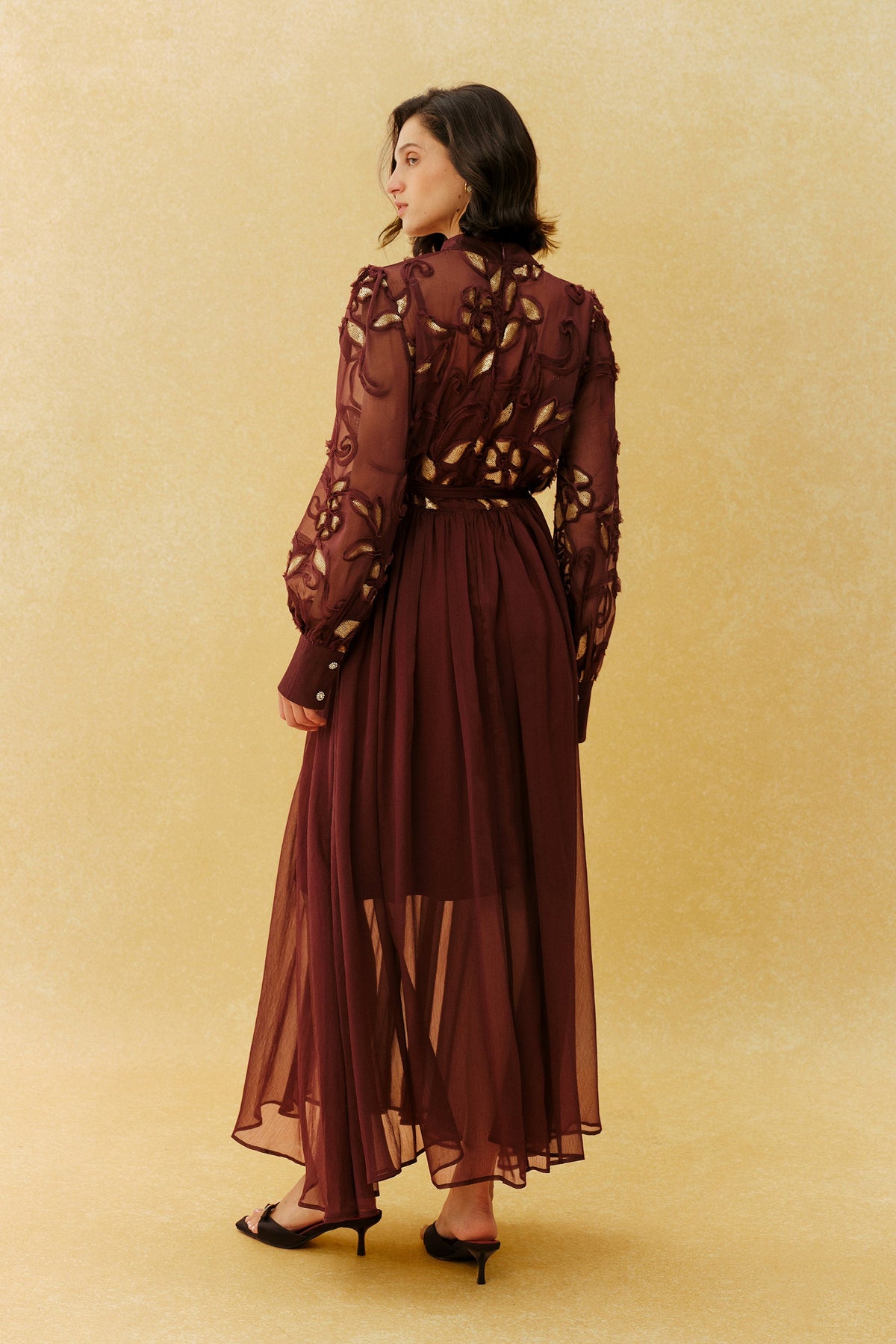 Burgundy Gold Floral Embroidered Appliqué Belted Long-Sleeve High-Neck Maxi Dress