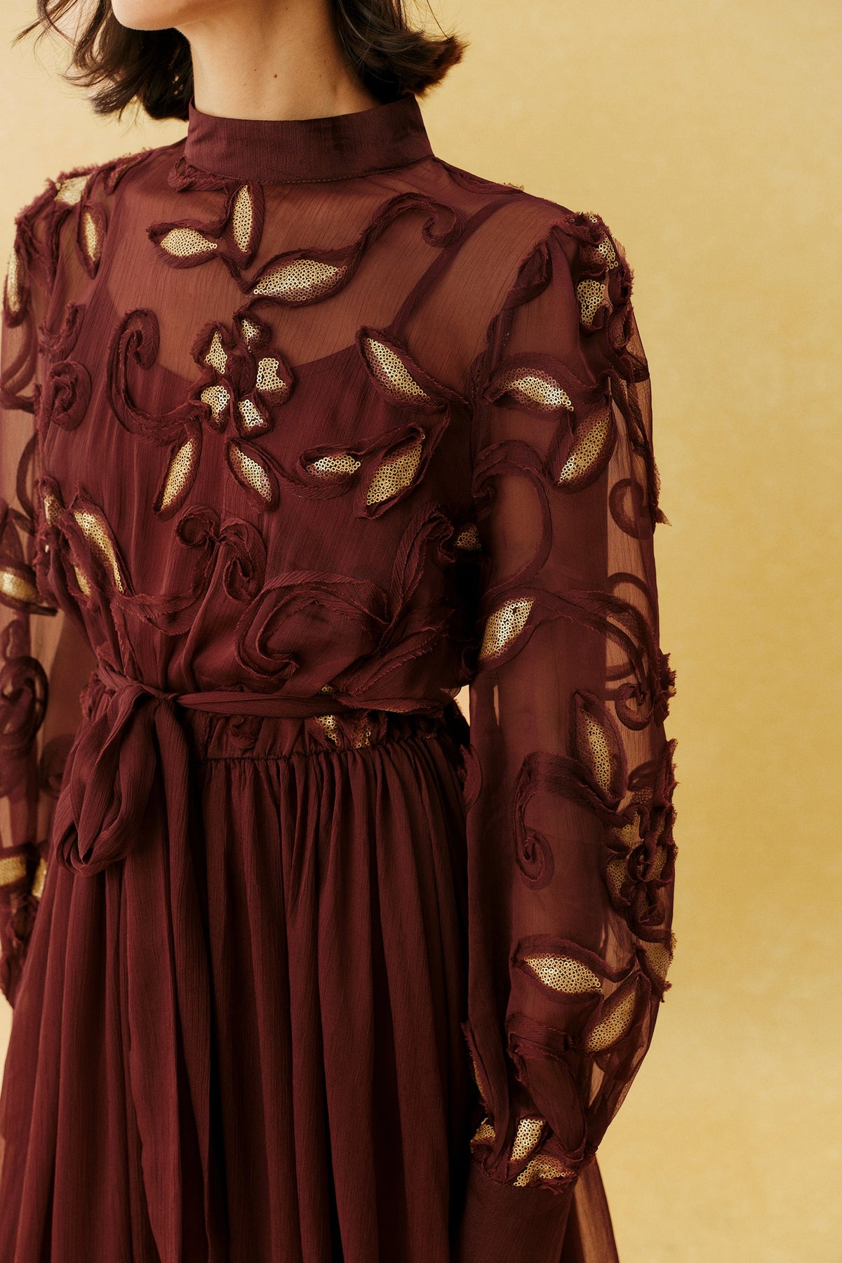 Burgundy Gold Floral Embroidered Appliqué Belted Long-Sleeve High-Neck Maxi Dress