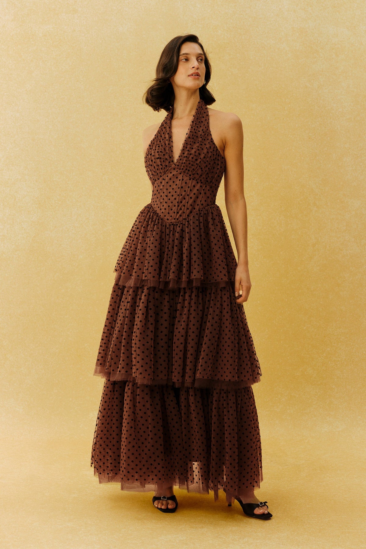 Brown Polka Dot Tulle Tiered Ruffle Halter Deep V-Neck Maxi Dress