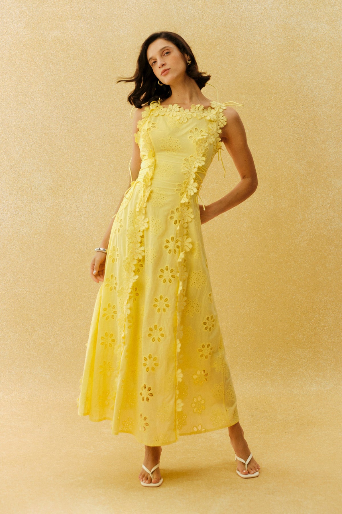 Yellow Eyelet Embroidery 3D Floral Appliqué Tie-Strap Beach Maxi Dress