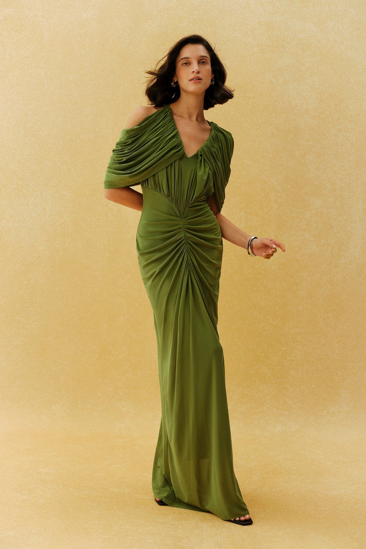 Green Draped V-Neck Ruched Cape Off-Shoulder Sleeves Formal Maxi Dress