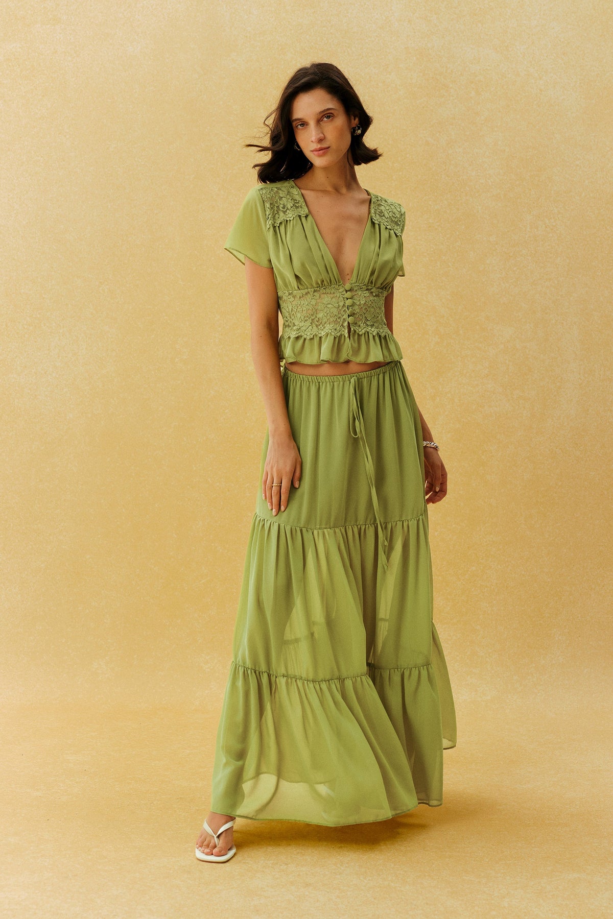 Green Chiffon Lace Short Flutter-Sleeve Tiered Cropped Top & Maxi Skirt Set