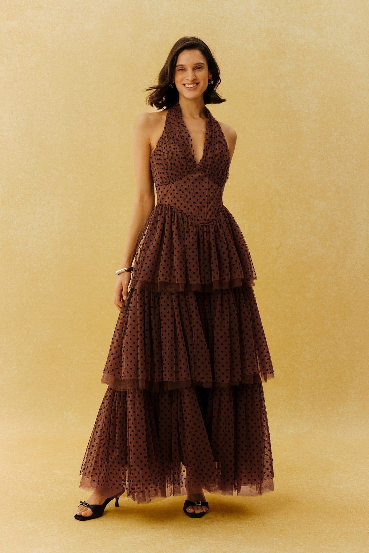 Brown Polka Dot Tulle Tiered Ruffle Halter Deep V-Neck Maxi Dress