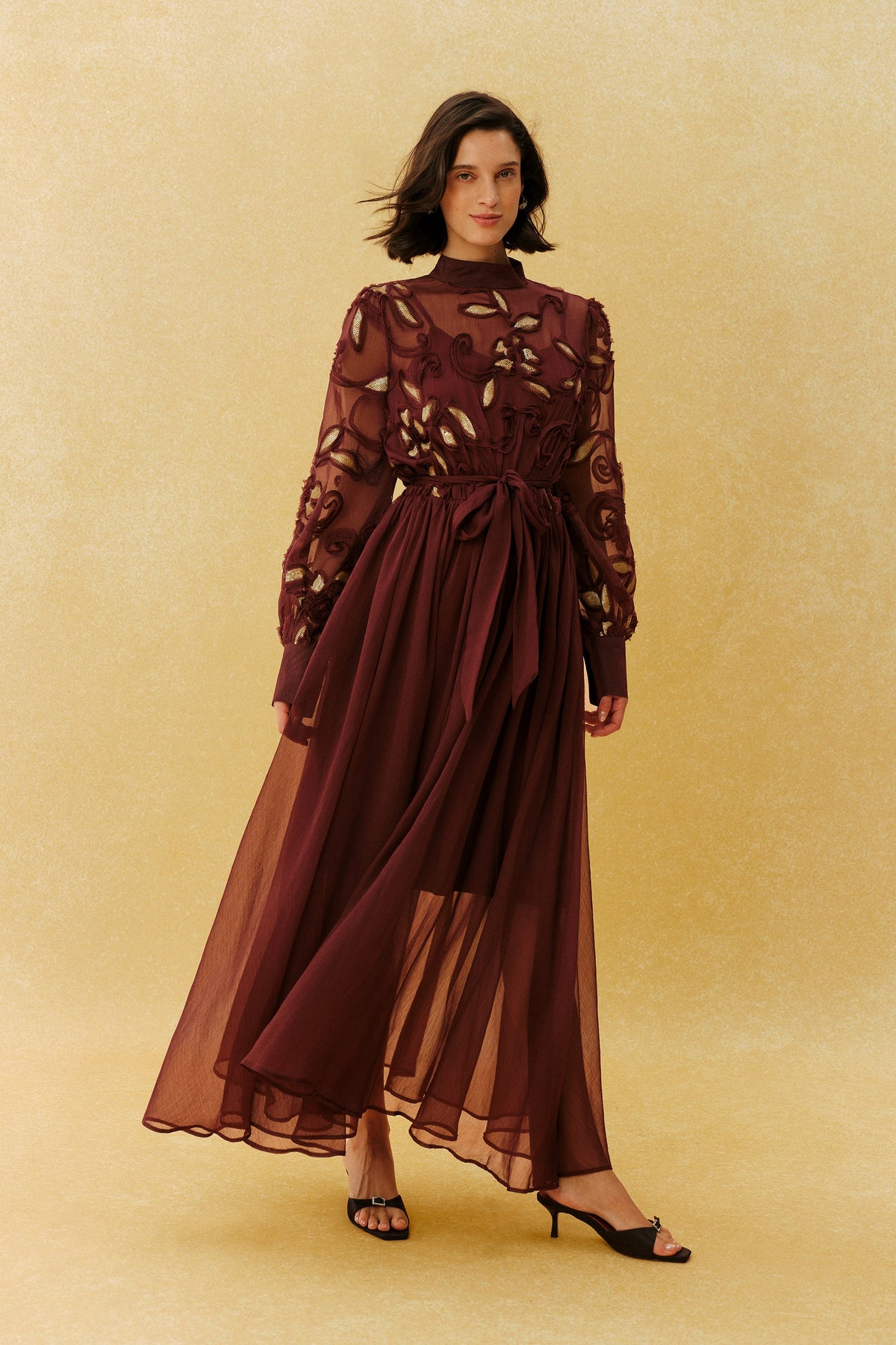 Burgundy Gold Floral Embroidered Appliqué Belted Long-Sleeve High-Neck Maxi Dress