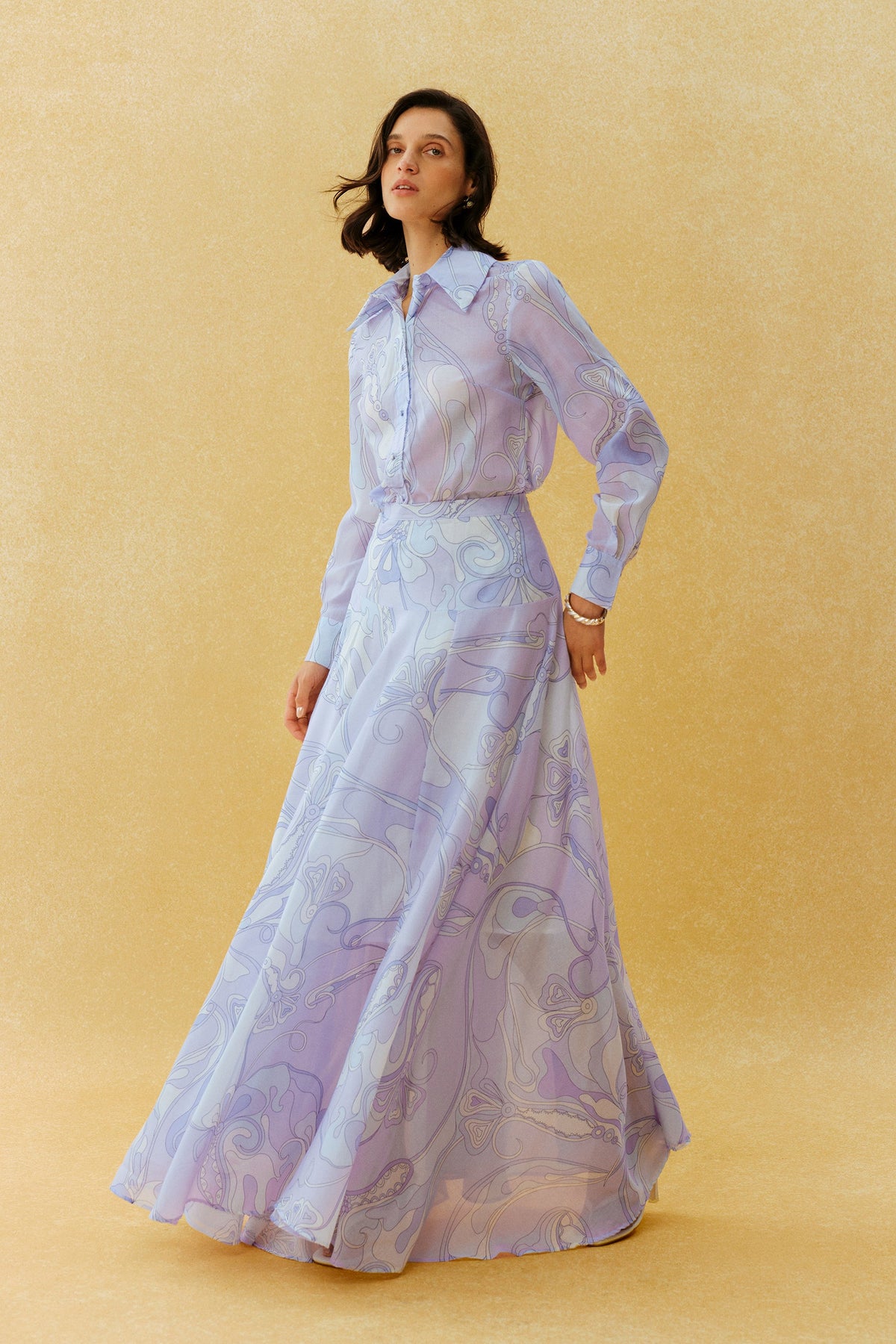 Purple Abstract Print Woven Pointed Collar Long-Sleeve Shirt & Maxi Skirt Set