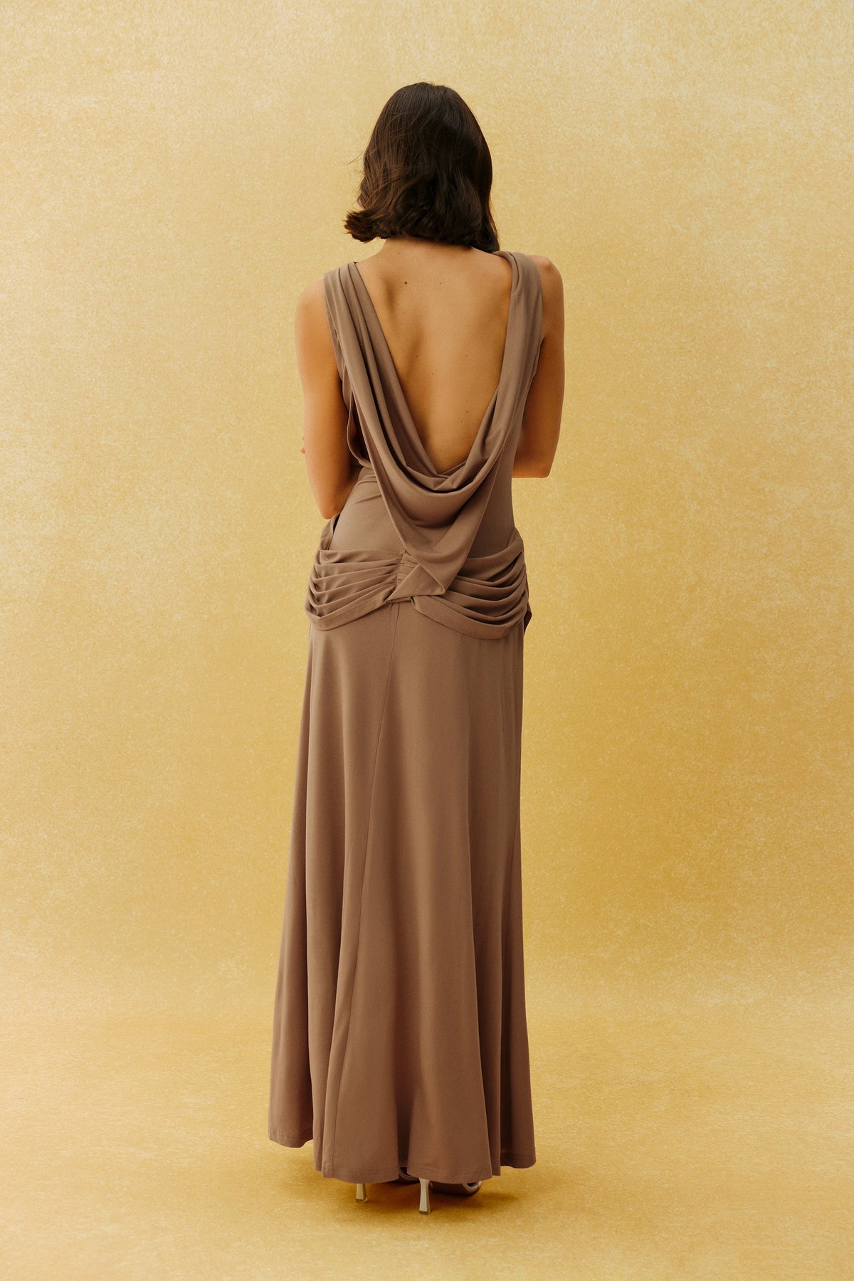 Taupe Brown High Slit Sleeveless Cowl Ruched Waist Evening Maxi Dress