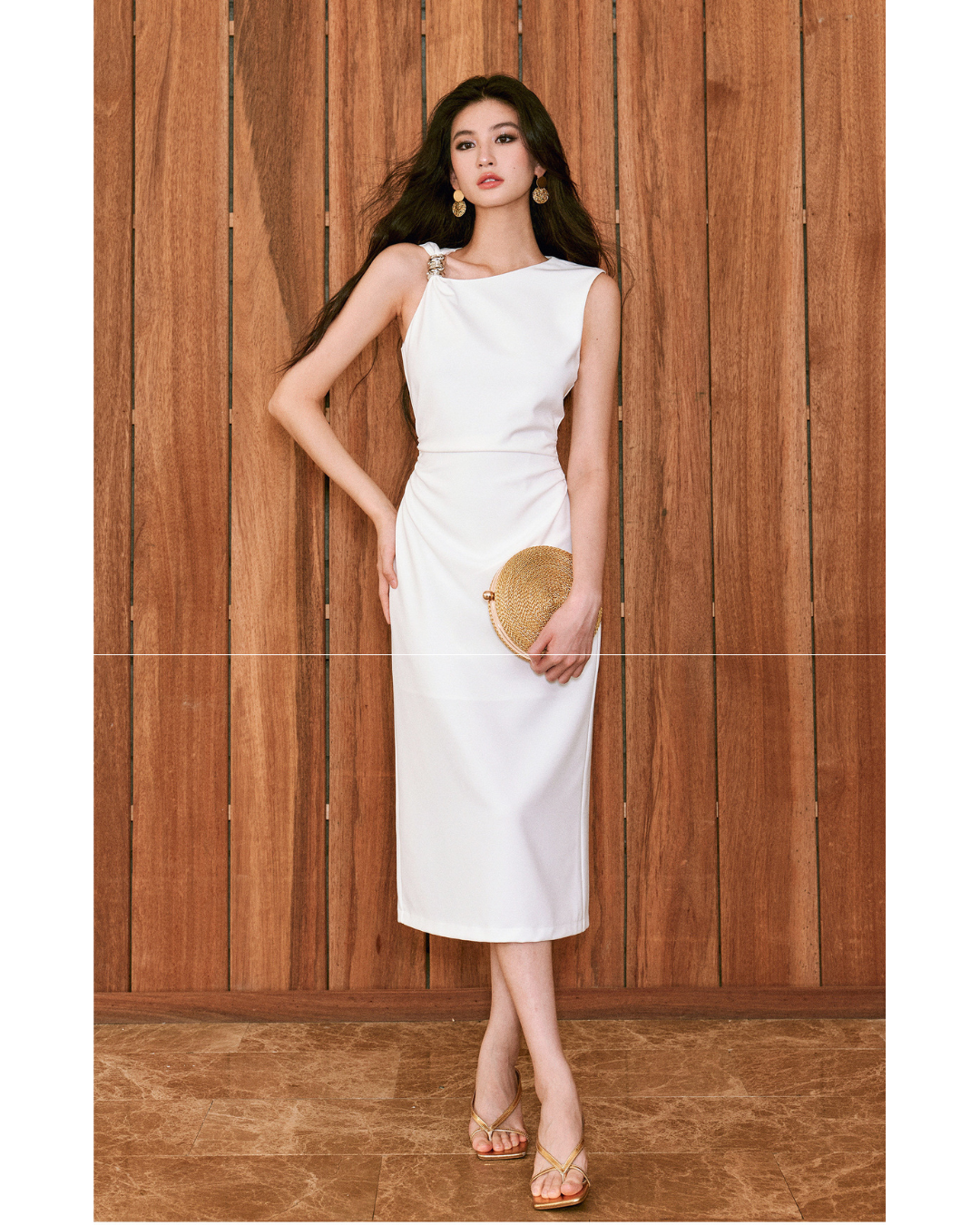 Micro-elastic Twill Dress - Asymmetrical Ruched Waist