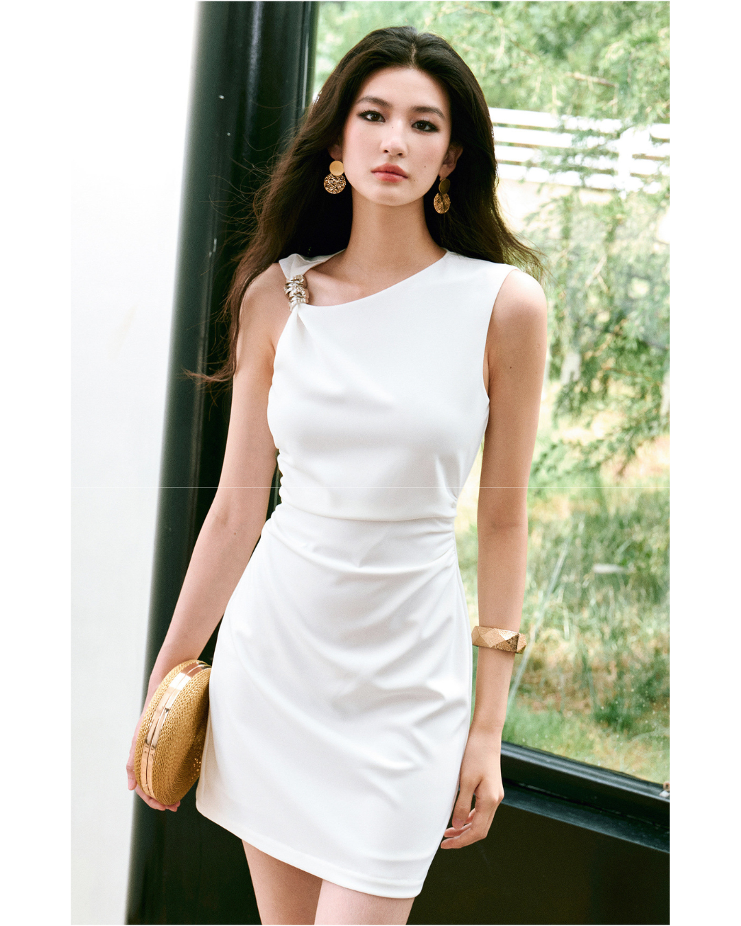 Micro-elastic Twill Dress - Asymmetrical Ruched Waist