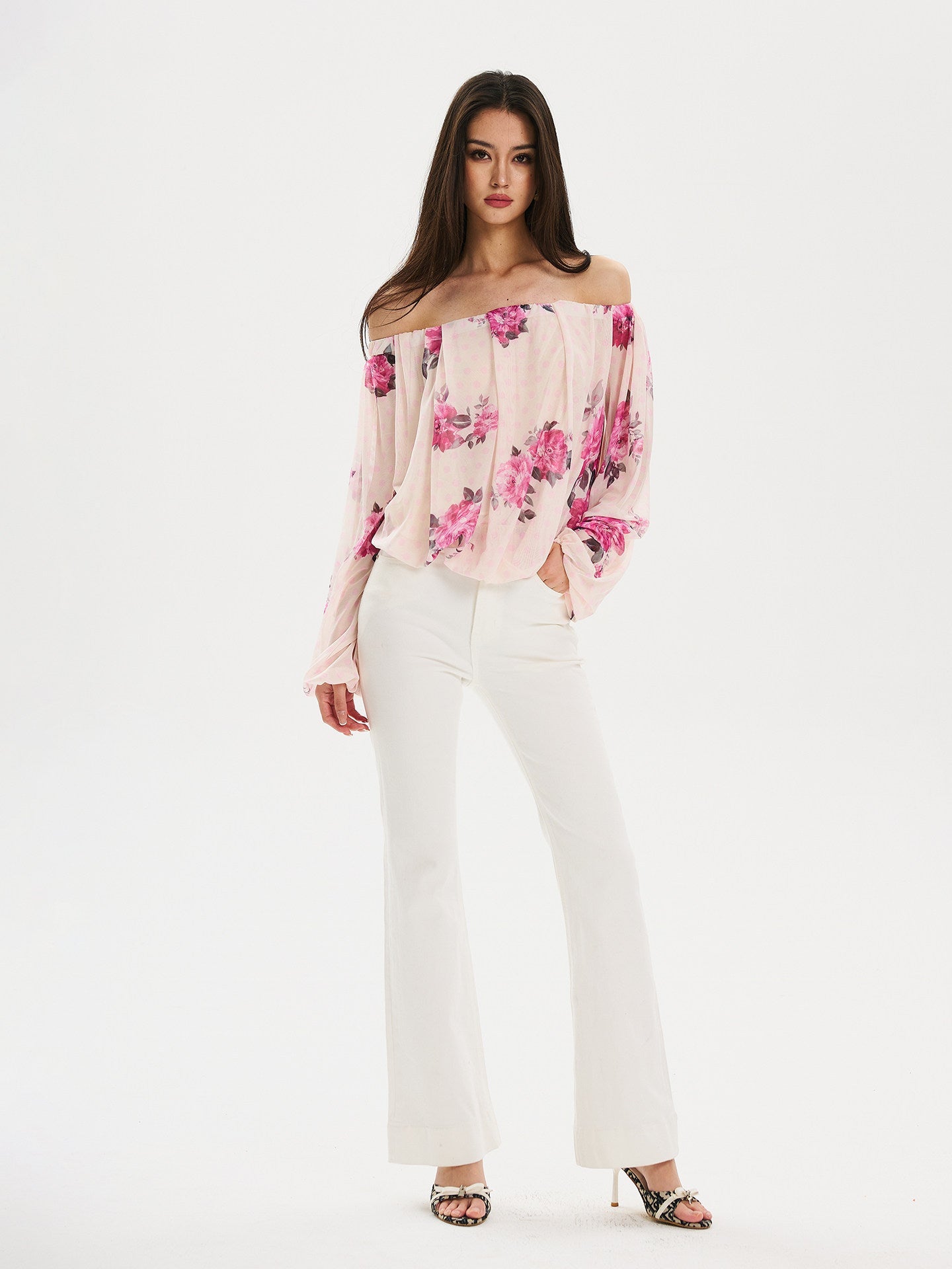 Viscose Off-Shoulder Top with Puff Sleeves