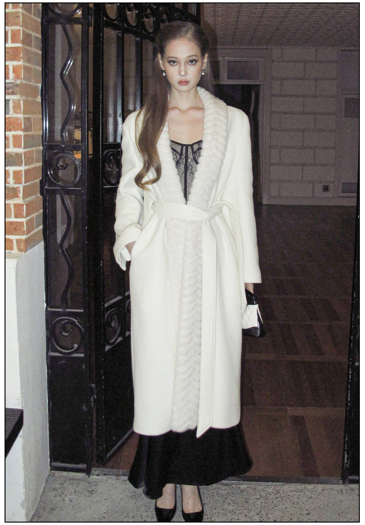 Wool Blend Long Coat with Faux Fur Collar
