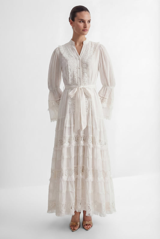 Leah White Floral Lace Bell Sleeve Maxi Dress with Darling Charm