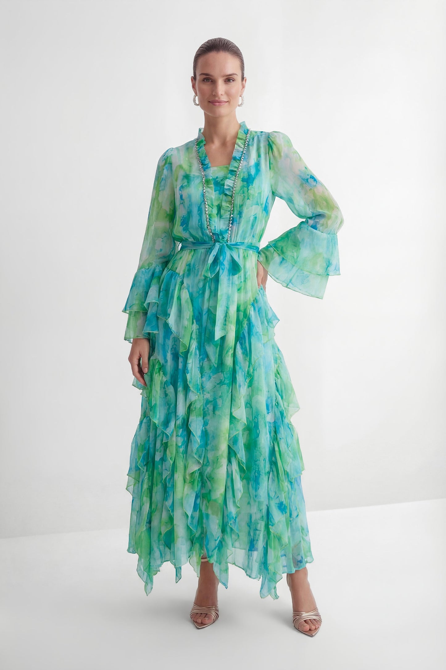 Selene Mint Green Abstract Print Tiered Ruffle Maxi Dress