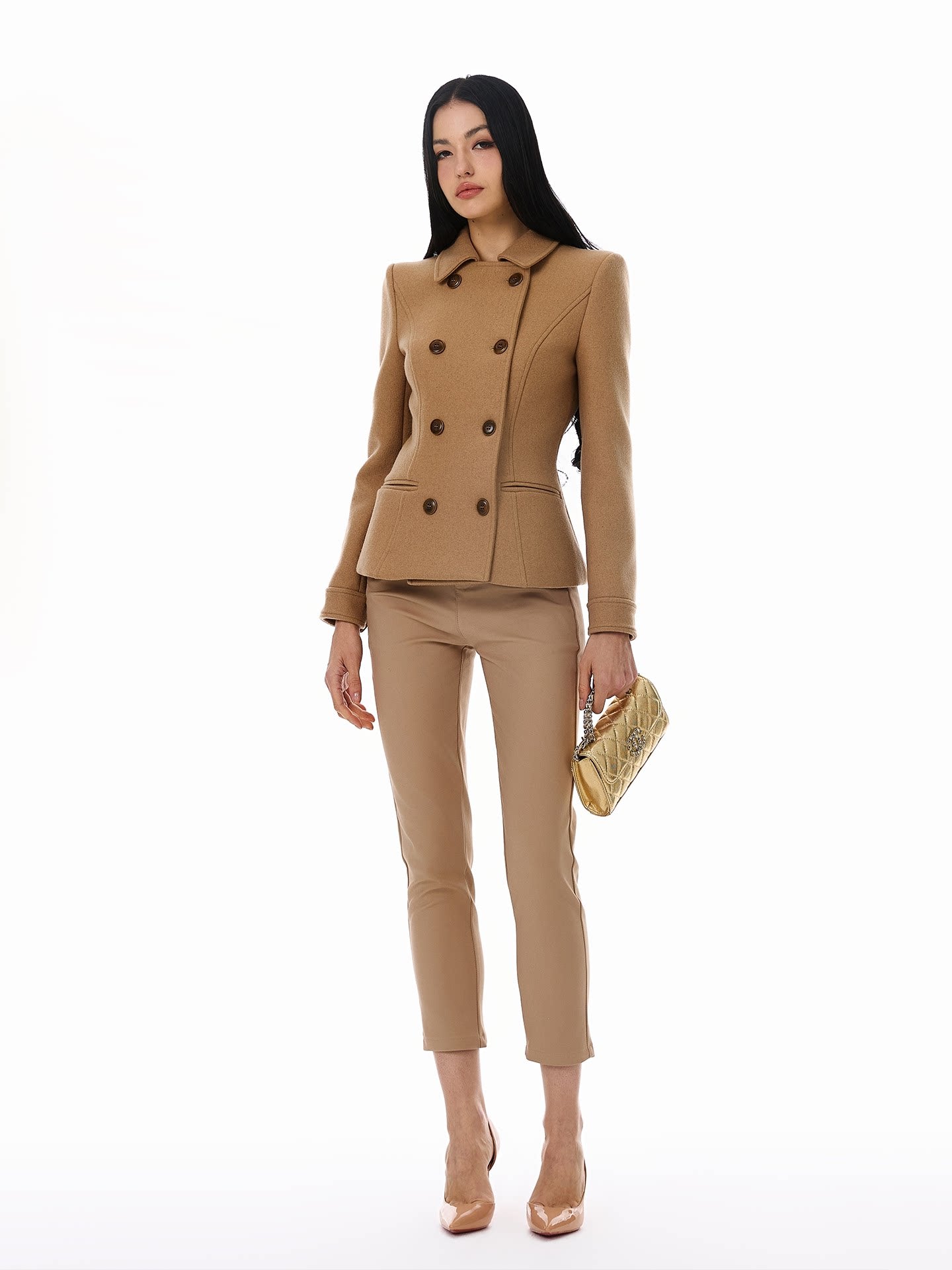 Wool Blend Coat - Elegant Camel Double-Breasted Design