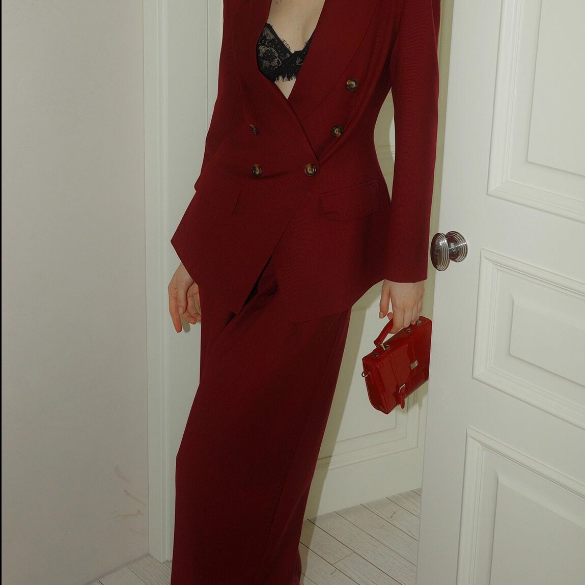 Khaki Viscose Set - Classic Shoulder-Padded Coat and Tailored Pants