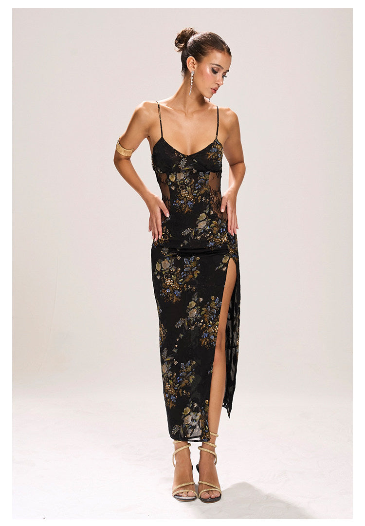 Polyester Long Dress with Lace Design