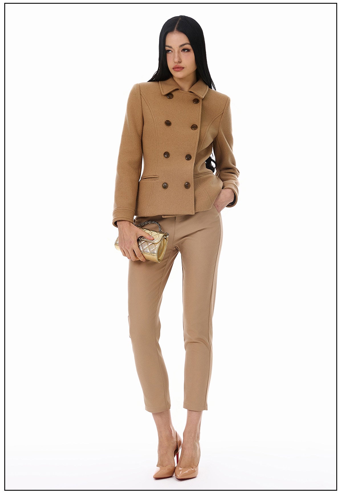 Wool Blend Coat - Elegant Camel Double-Breasted Design