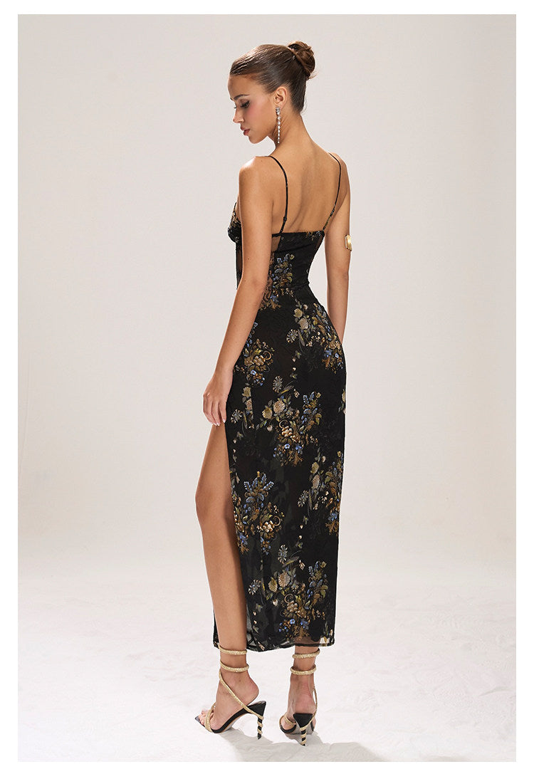 Polyester Long Dress with Lace Design