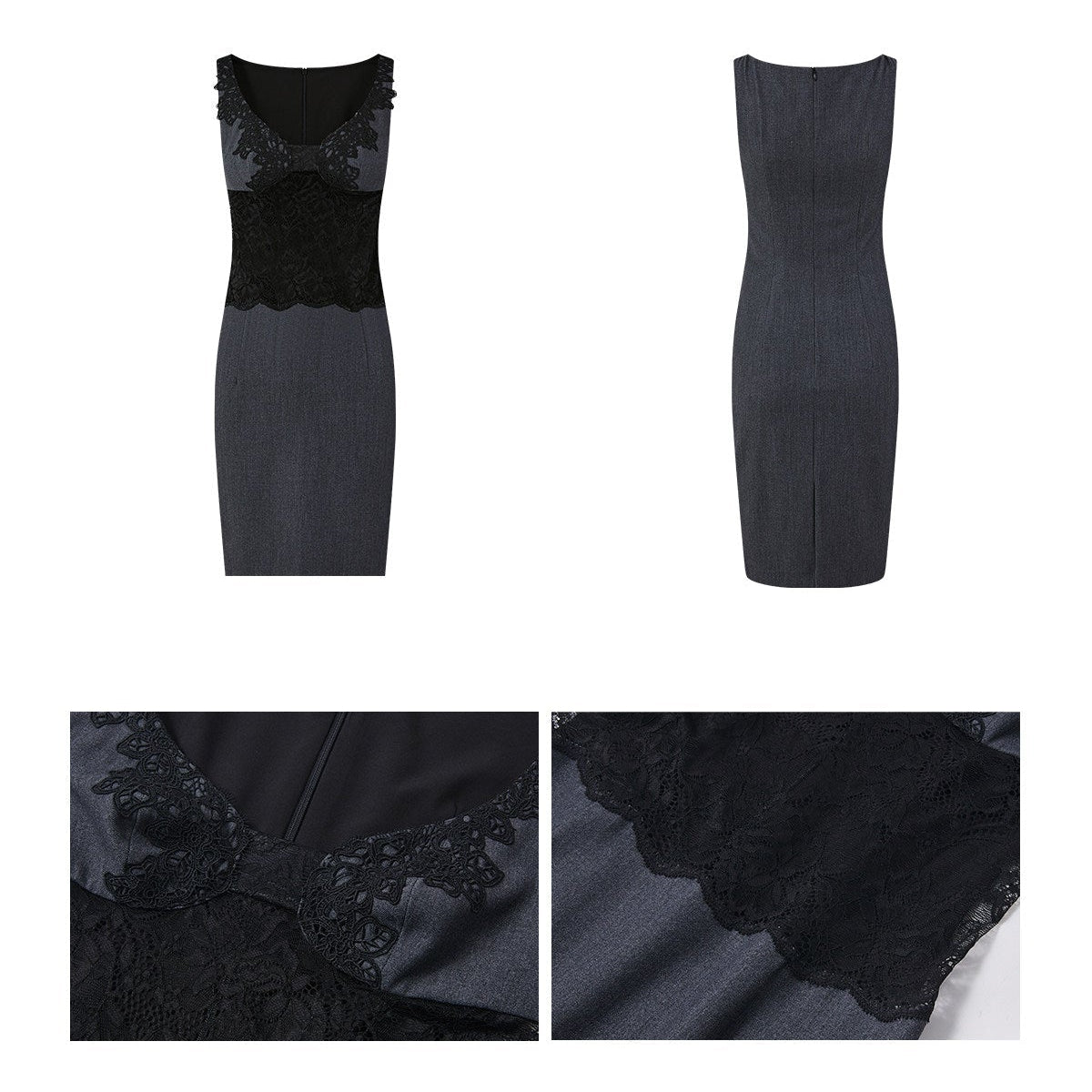 Polyester Dress - Lace Contrast Deep V-Neck