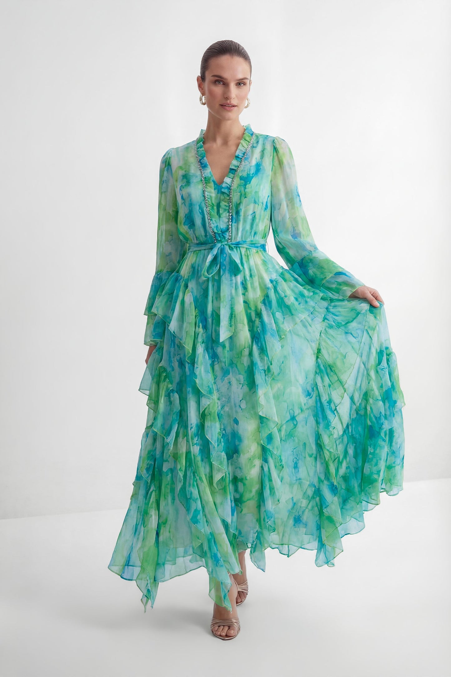 Selene Mint Green Abstract Print Tiered Ruffle Maxi Dress