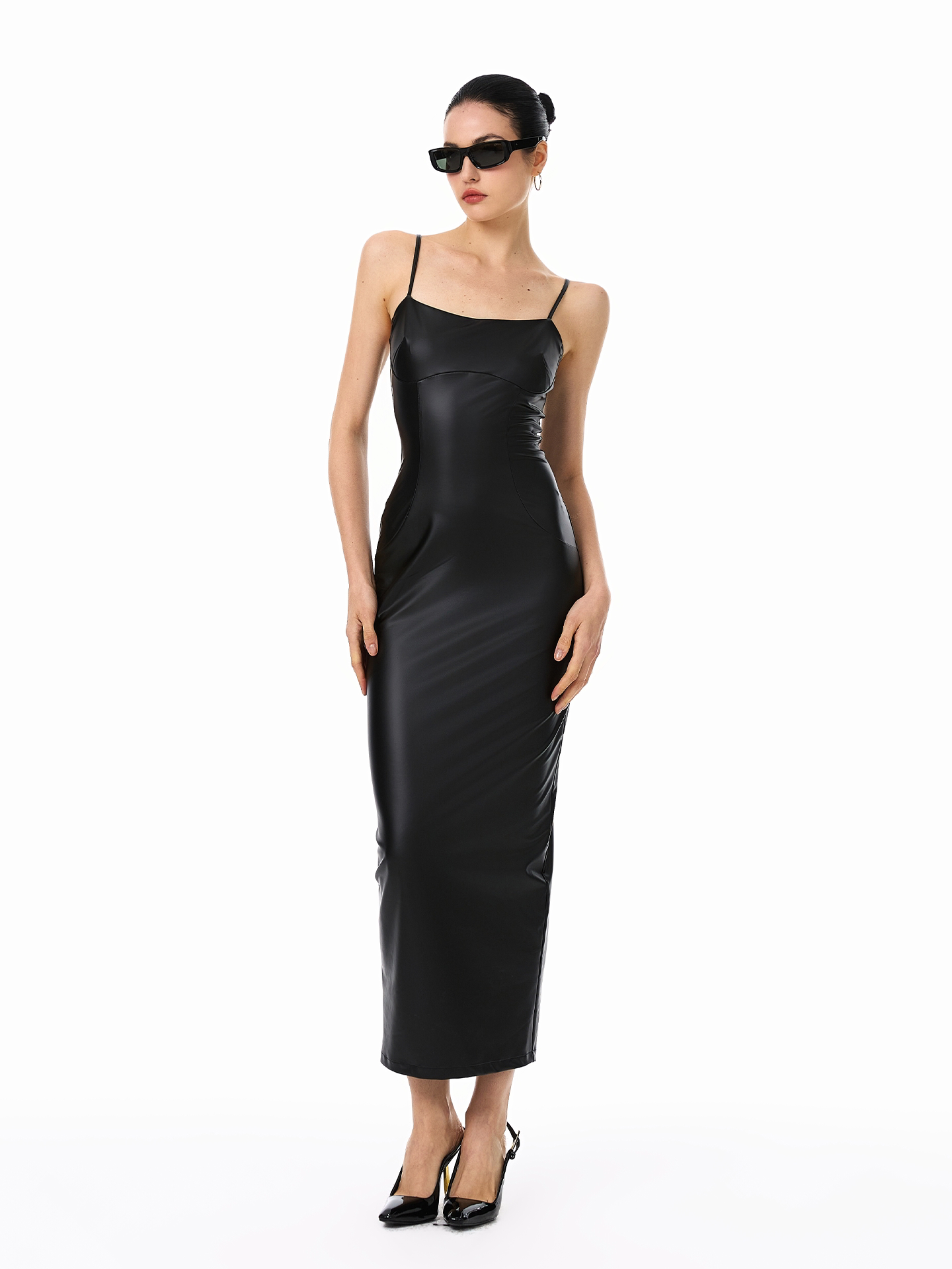 Polyester Dress - Fitted PU Leather with Elastic