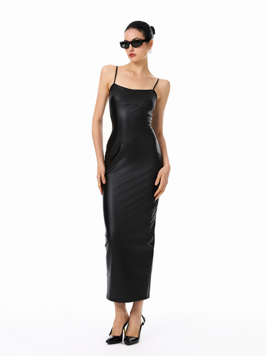 Polyester Dress - Fitted PU Leather with Elastic