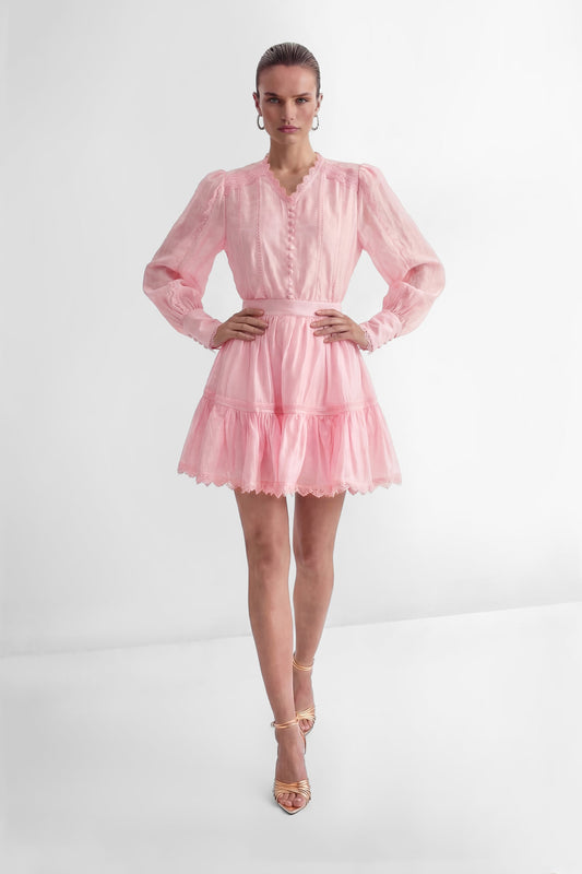 Nina Pink Ruffled Top and Skirt Set with V Neckline
