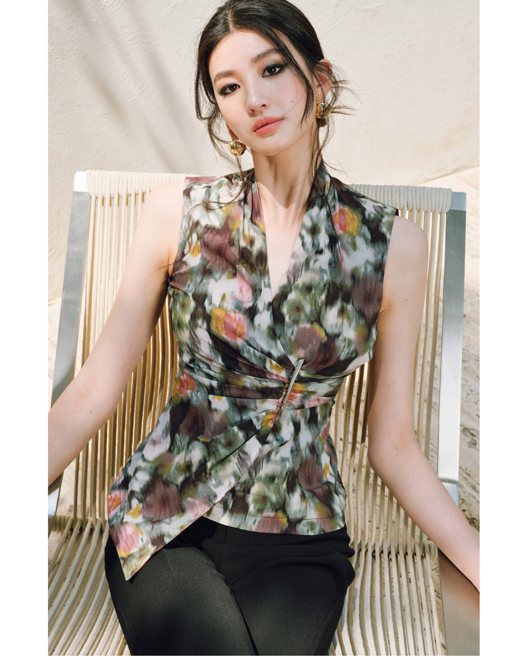 Viscose Sleeveless Top - Overlap V Collar with Pleating