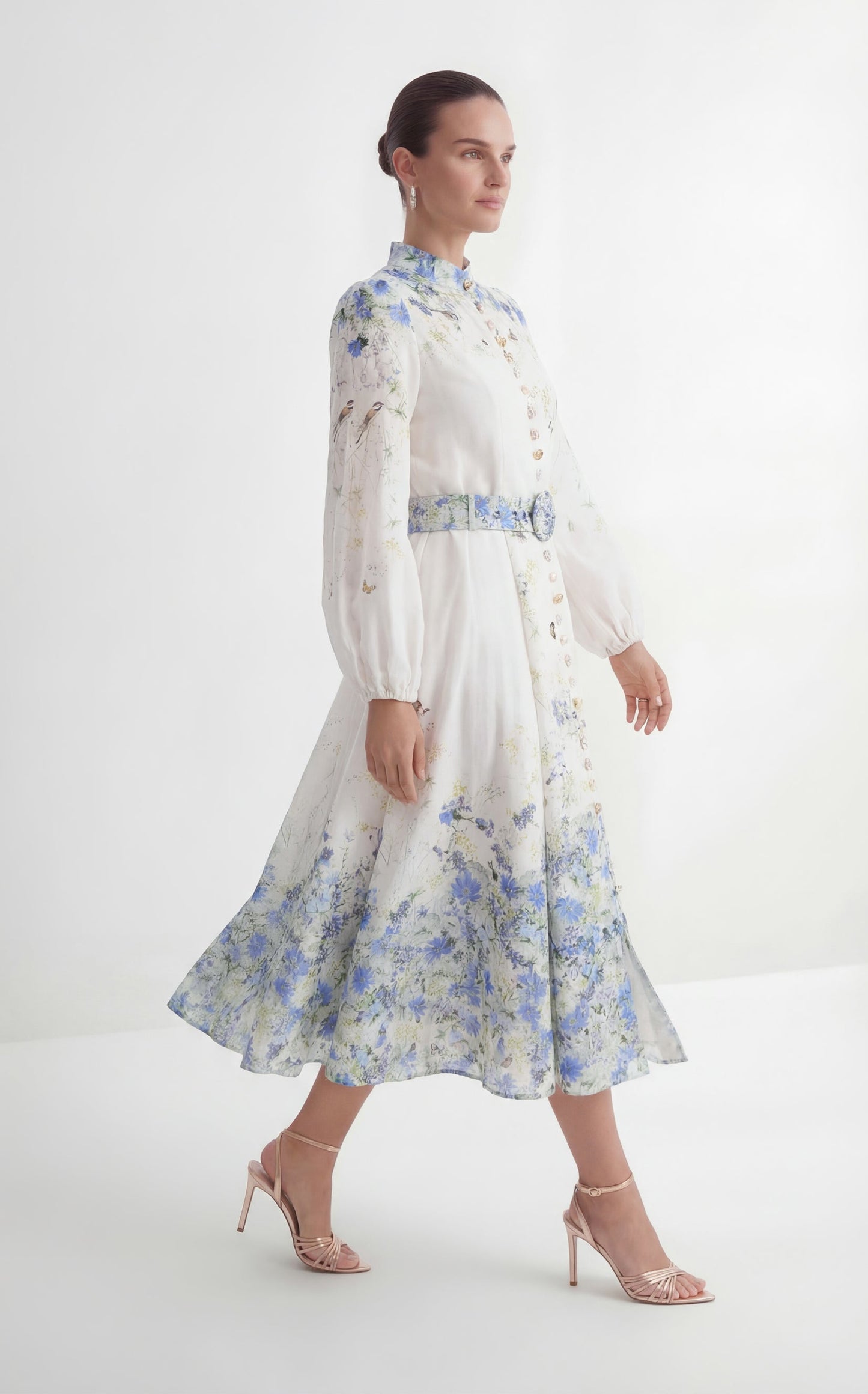 Nadia Exquisite White Floral Print Balloon Sleeve Maxi Dress