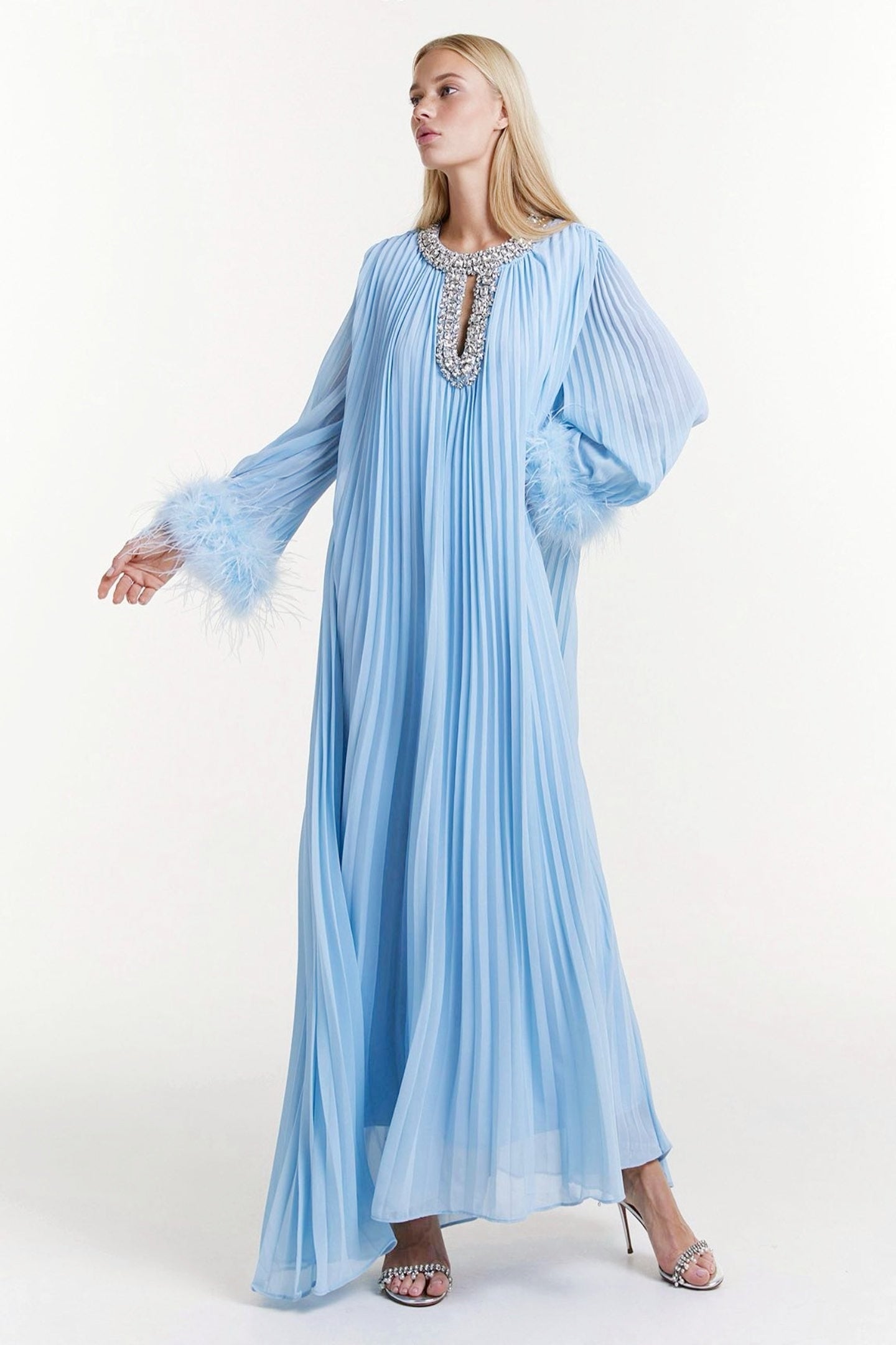 Joy Diamante Feathered Pleated Maxi Chiffon Dress