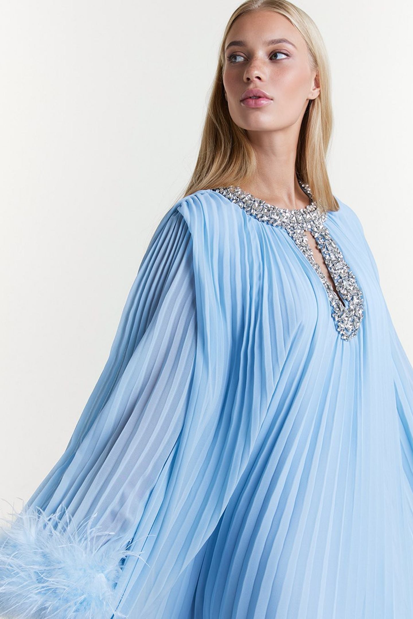 Joy Diamante Feathered Pleated Maxi Chiffon Dress