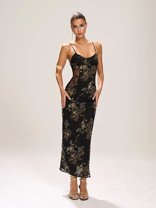 Polyester Long Dress with Lace Design