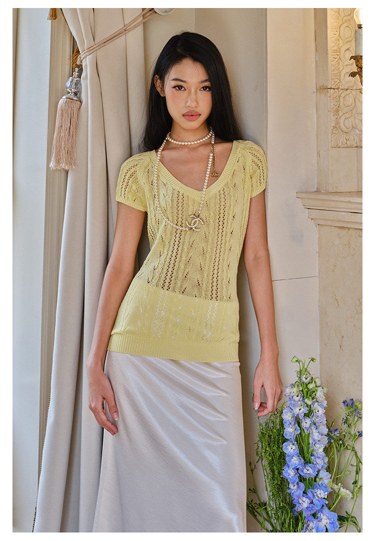 Knitted V-Neck Top - Elegant Cable Knit Design