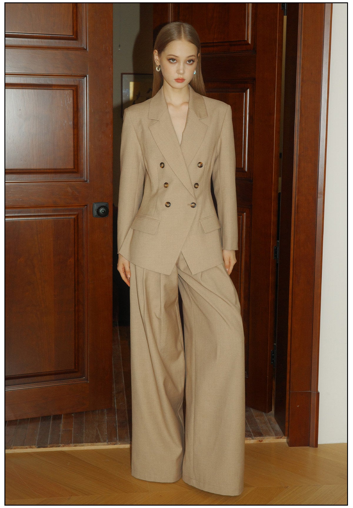 Khaki Viscose Set - Classic Shoulder-Padded Coat and Tailored Pants