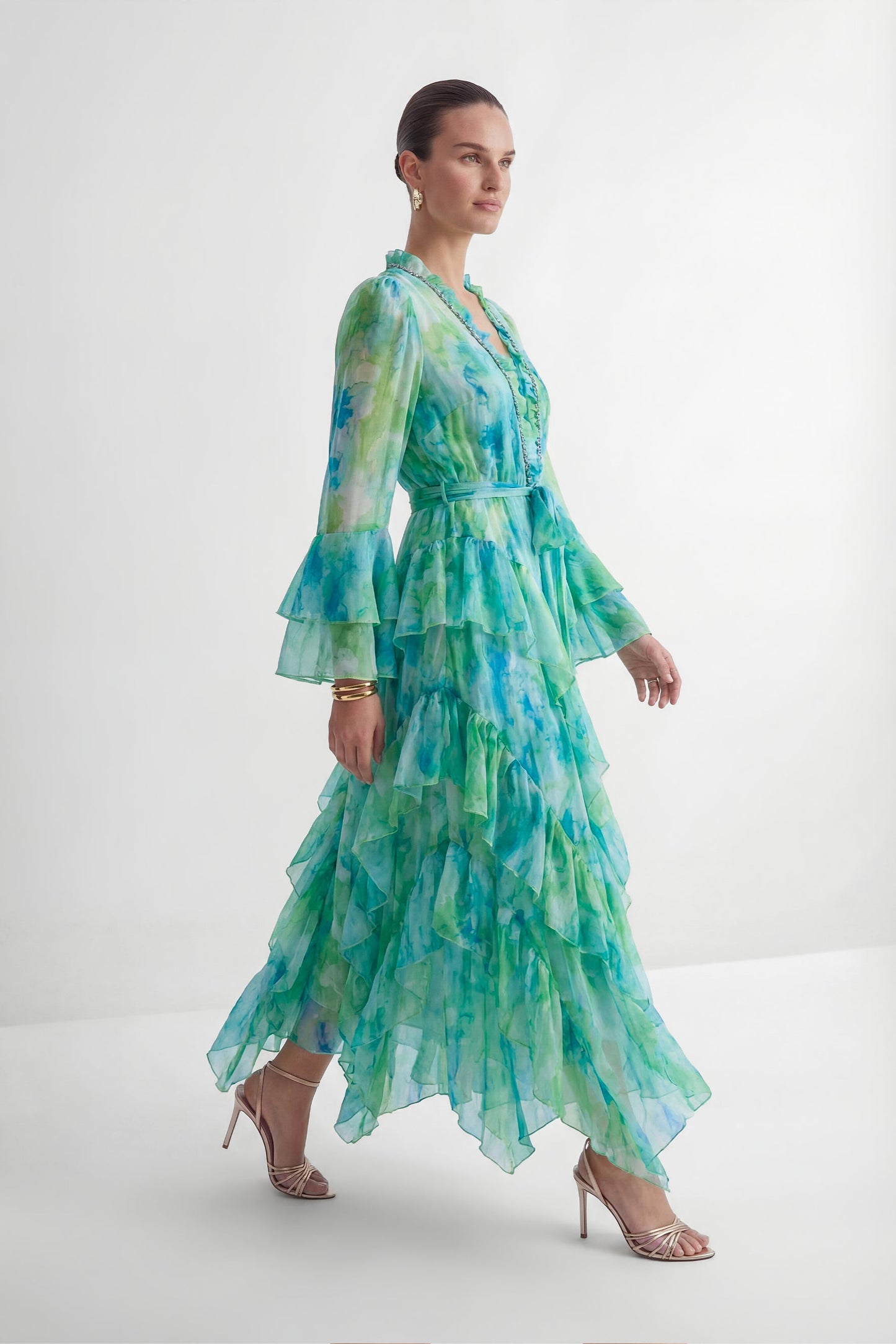 Selene Mint Green Abstract Print Tiered Ruffle Maxi Dress